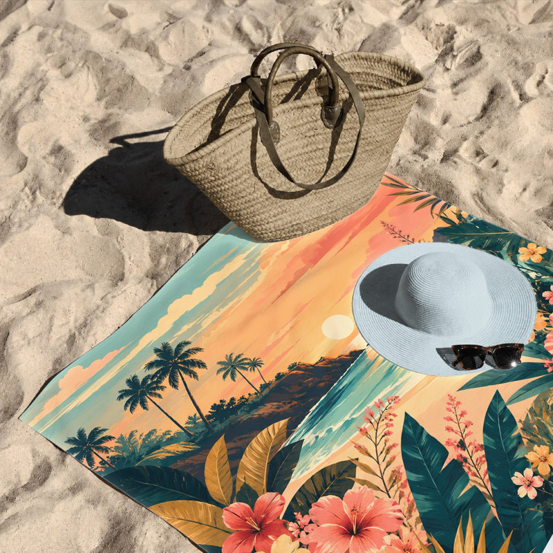 1PCS Tropical Beach Sunset Floral Towel, Vibrant Hawaiian Scenery, Ideal for, Pool, Travel, Camping, Shower, Bathroom Decor