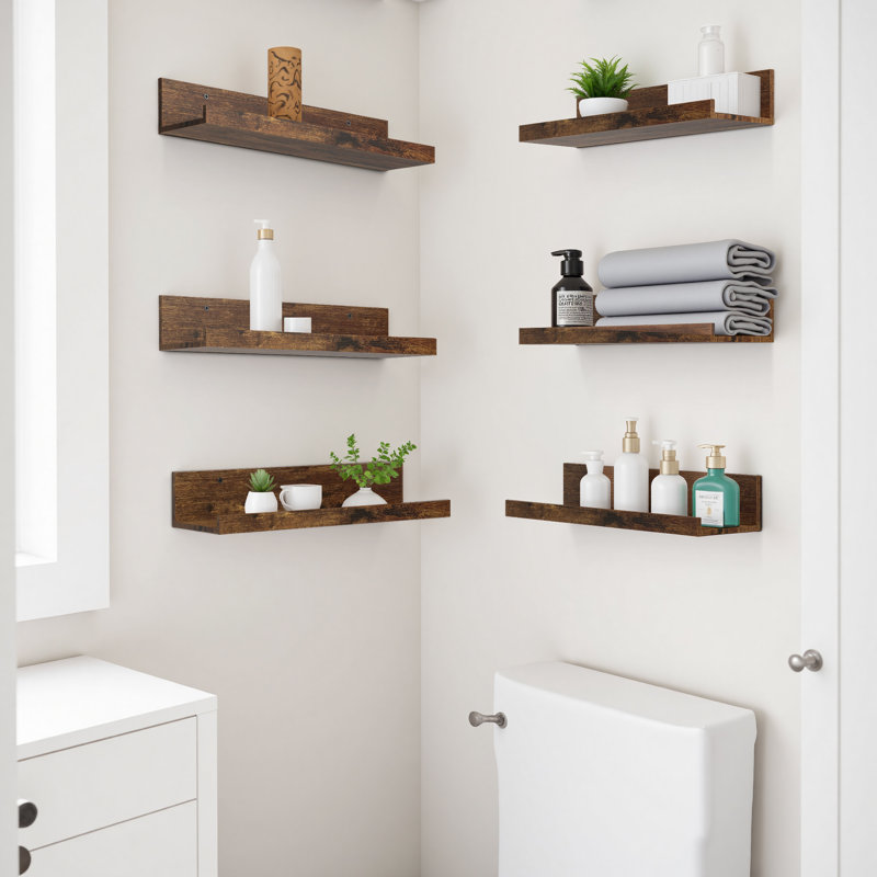Set 6 Floating Wall Mounted Wooden Shelves, Shelves For Wall Decor, Vintage, Brown Wood