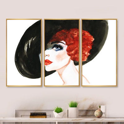 «Red Head Lady In Hat Portrait of Woman», reproduction de cadre flottant sur toile 3 pièces