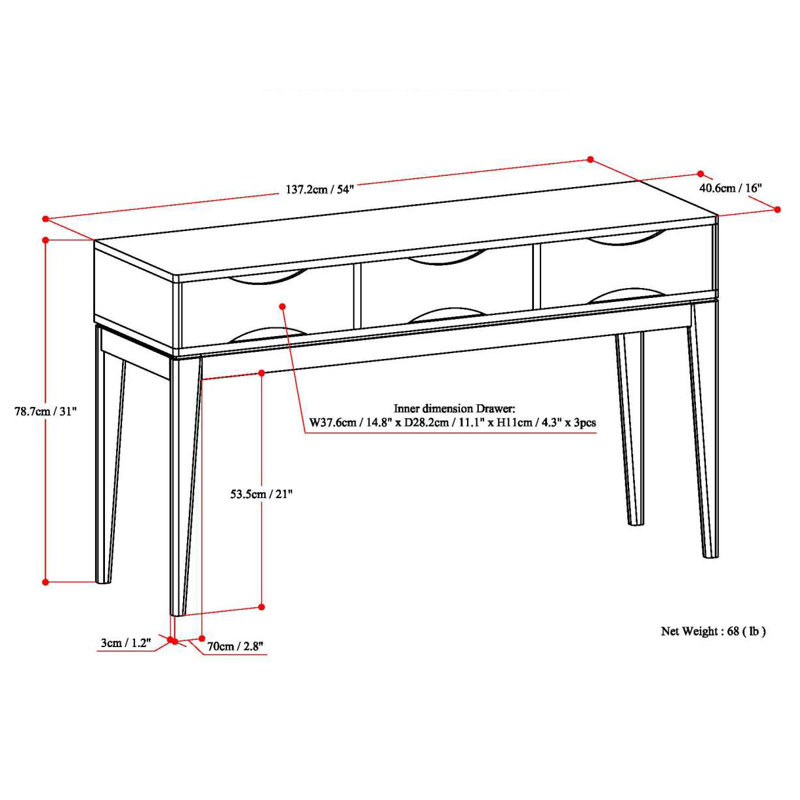 Harper 54"W Solid Hardwood Mid-Century Modern Storage Console Table with Drawers and Tapered Legs, White