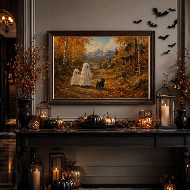 Deux fantômes promenant un chien sur un sentier doré d'automne près de l'Halloween - Toile murale, 12"H x 18"W