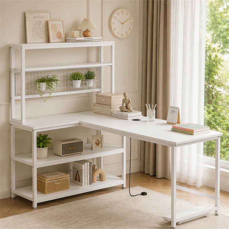 55" Reversible L-Shaped Desk, Computer Desk with Wireless Charging & Hutch