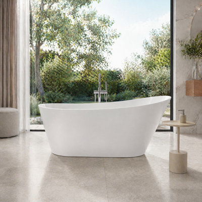 Baignoire îlot en acrylique de 150 cm (59 po), de forme ovale, avec bonde centrale et trop-plein intégré, blanc brillant