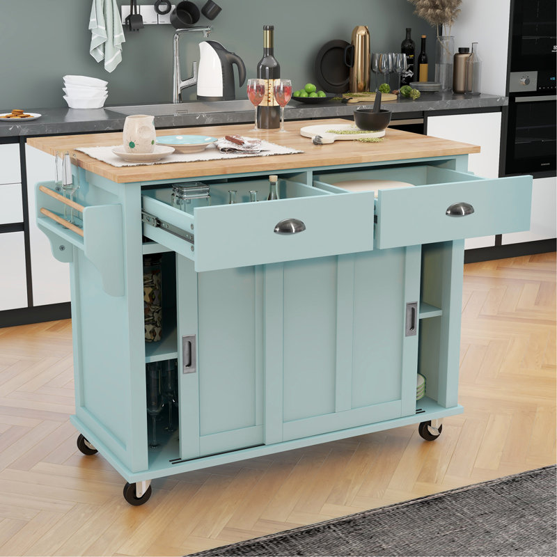 Buccigross 52.2'' Wide Rolling,with Rubber wood Drop-Leaf Countertop, Concealed sliding barn door adjustable height,Kitchen Island on 4 Wheels with Storage Cabinet and 2 Drawers,island,coffee cart