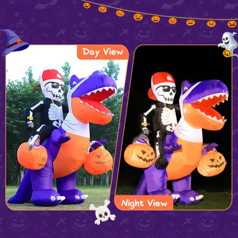 Décoration de jardin gonflable de dragon d'Halloween 6 pi avec chevalier squelette et citrouilles-lanternes