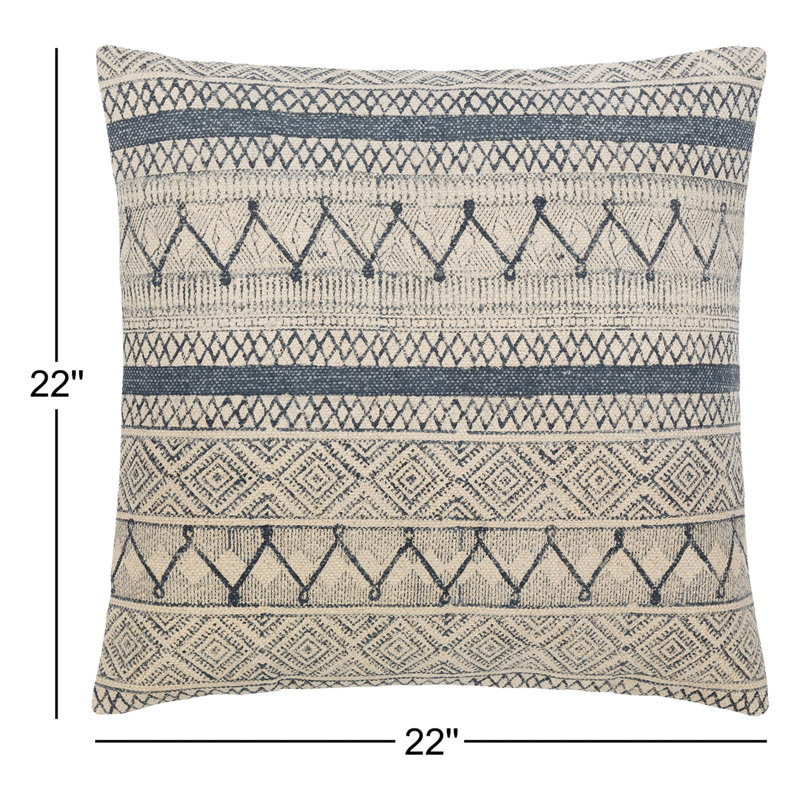 Oreiller carré en coton Zetta, 22 po x 22 po, Housse de coussin seulement - sans coussin, Beige clair / bleu foncé