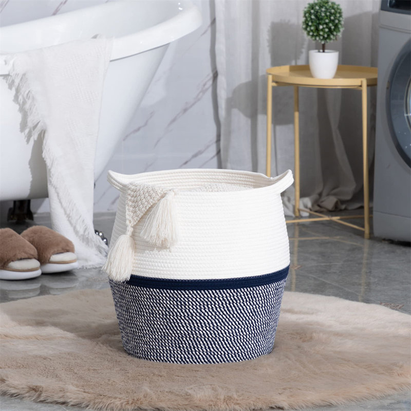 Laundry Basket with Handles, White/Blue