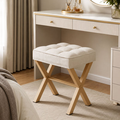 Linen Upholstered Accent Stool, Square Ottoman with Button-Tufted Cushion and Metal X Legs