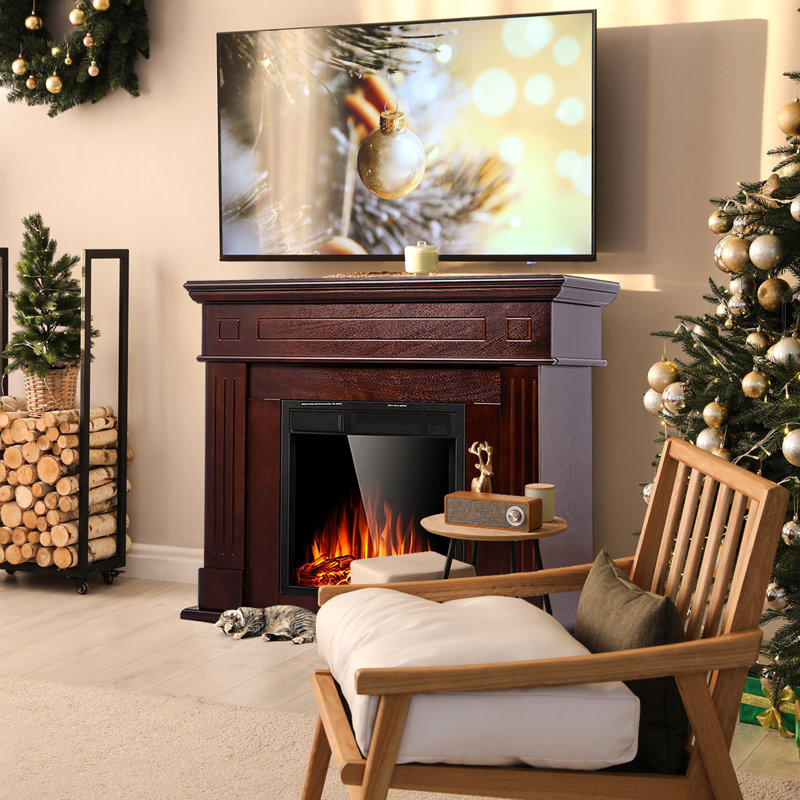 43" 1500W Electric Fireplace Mantel W/ Realistic LED Log Heater,Remote Control, Brown