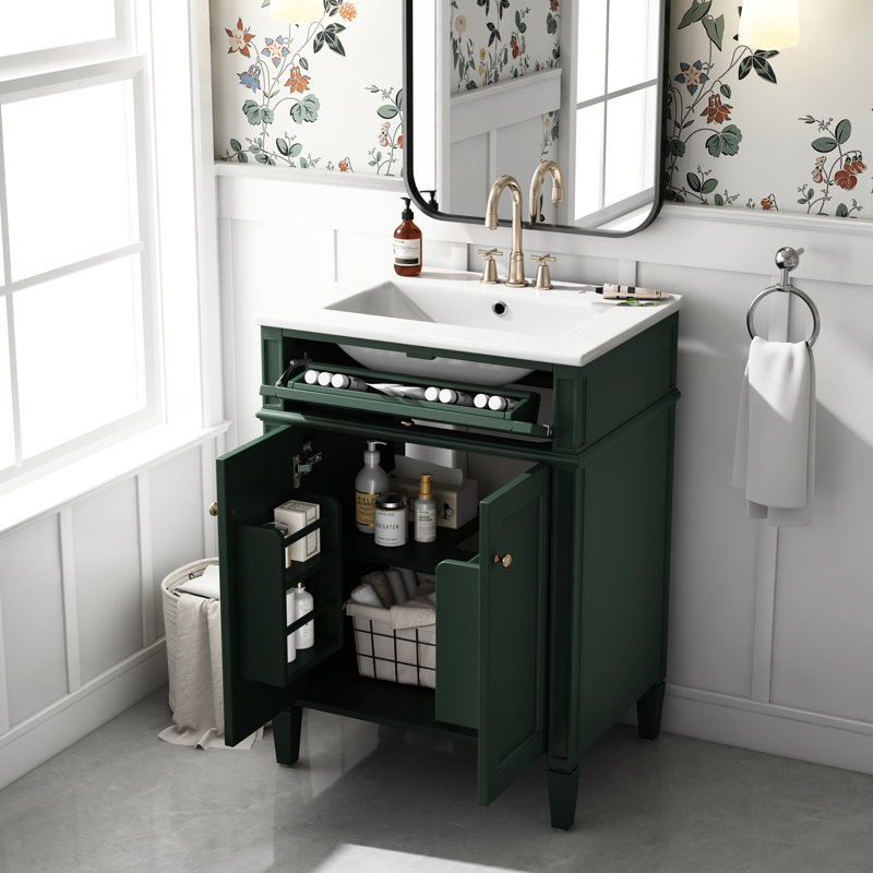 Meuble-lavabo de salle de bain 24 po avec 2 portes et tiroir, organisateurs de rangement intelligents, glissières de tiroir coulissantes, tablette réglable, charnières à fermeture en douceur, caractéristiques réfléchies de 24 po, pieds en bois massif, lavabo en céramique,