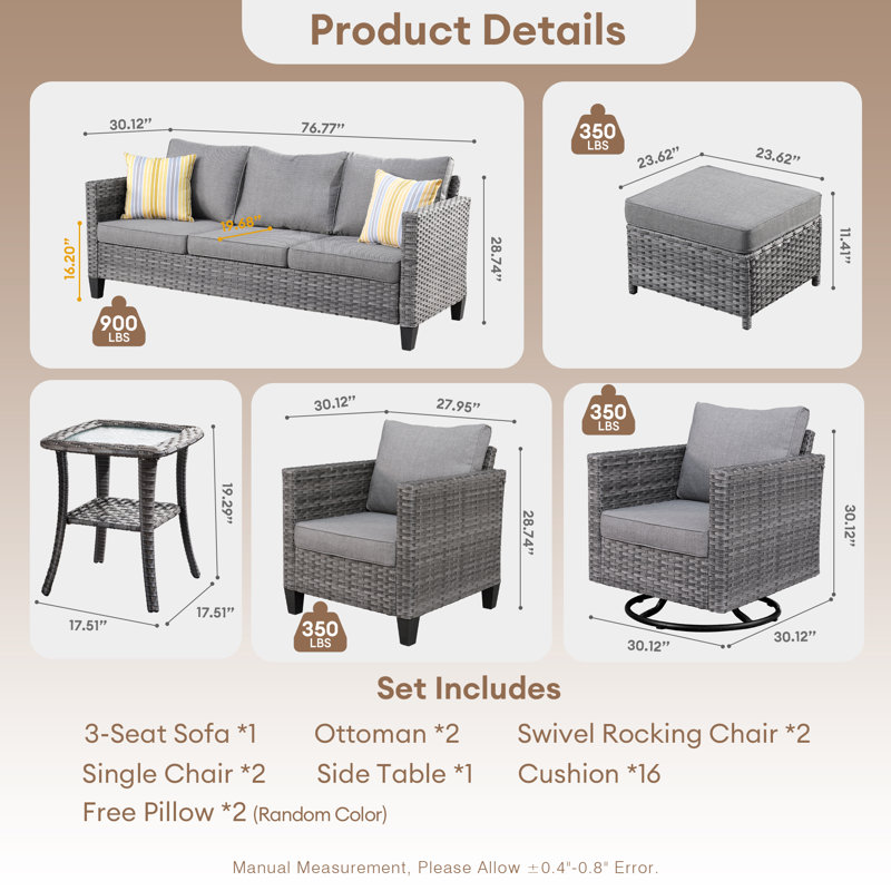 GRS Premium All-Weather Wicker 9 - Person Patio Conversation Set with Cushions, No, Dark Gray