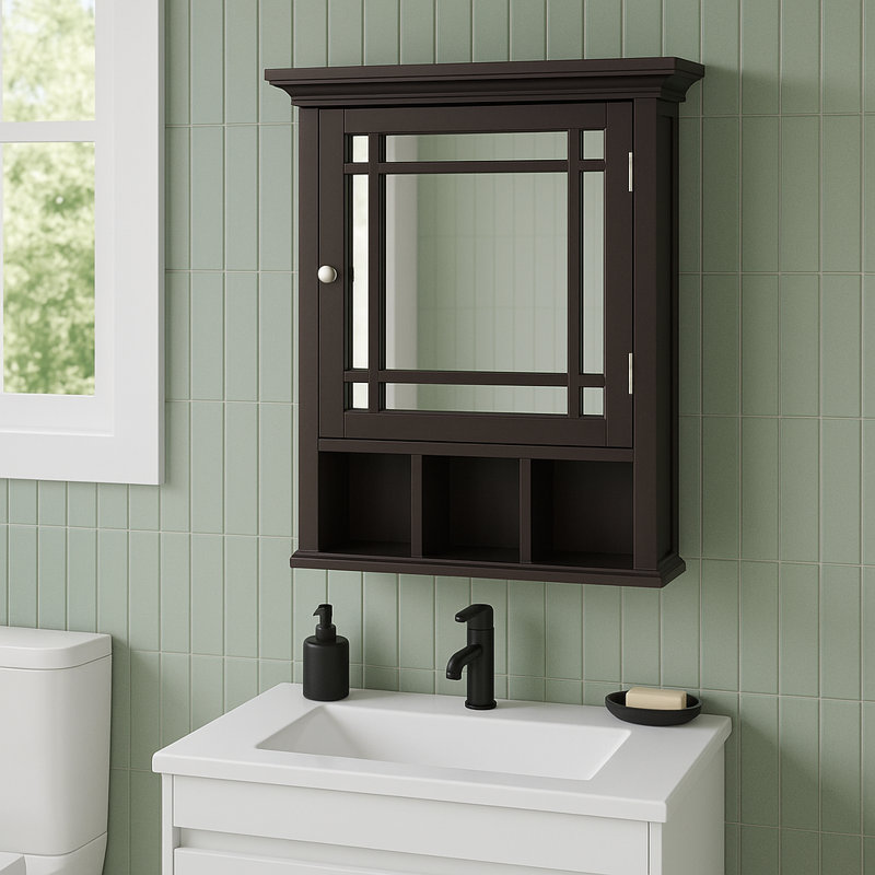 Cardonas Removable Mirrored Framed Door Medicine Cabinet with Adjustable Shelves and Open Storage, Espresso