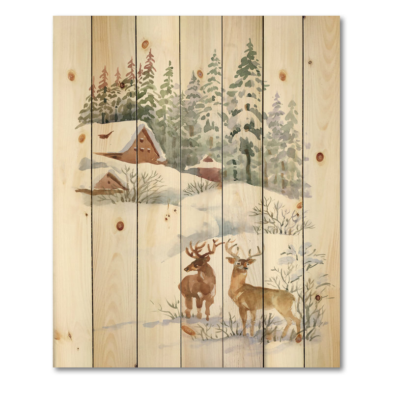 Chalet d'hiver avec deux cerfs - imprimé campagnard sur bois de pin naturel, H 40 po x l 30 po x P 0,78 po
