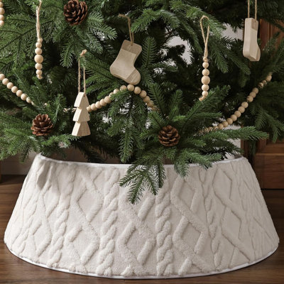 Luxury Faux Fur Christmas Tree Collar - Beige Plush Tree Skirt With Crossed Diamond Pattern, Soft Fluffy Boho Decor For 7.5Ft 7Ft Artificial Xmas Tree, Cozy Farmhouse Holiday Decor