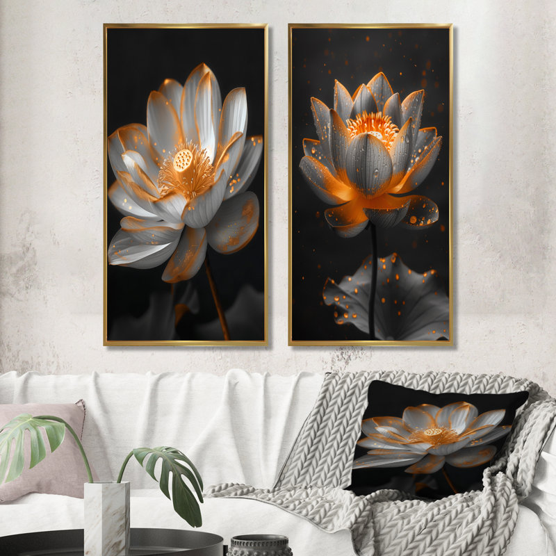 Ensemble de 2 pièces d'art mural Lotus, H 28 po x l 24 po, Impression encadrée, Doré
