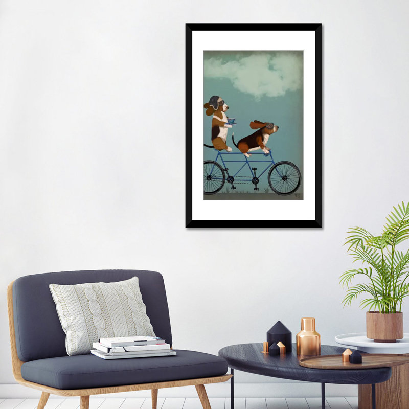 Fab Funky «Basset Hound Tandem», reproduction sur toile tendue, Papier d'art encadré noir, H 24 po x l 16 po x P 1 po, Blanc