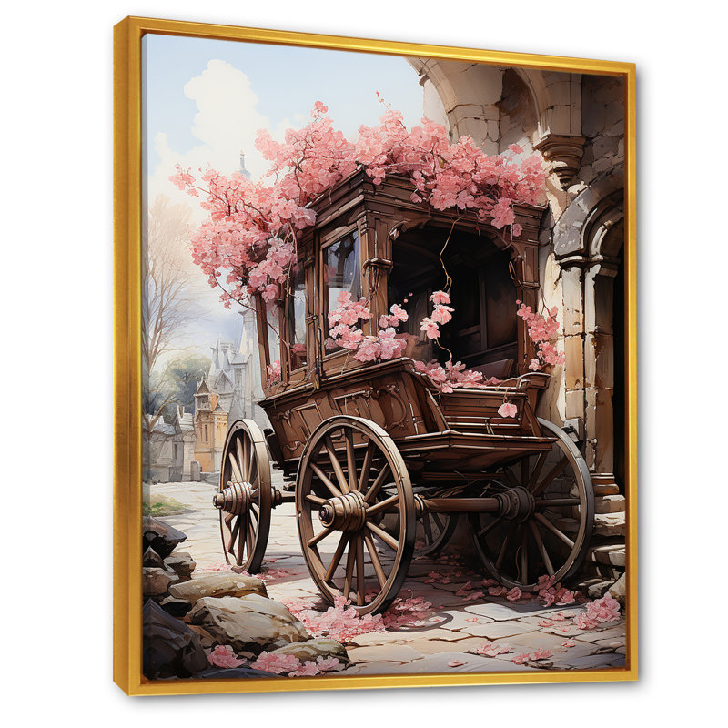 Voyage romantique en chariot de mariage sur toile, Cadre flottant doré, H 40 po x l 30 po