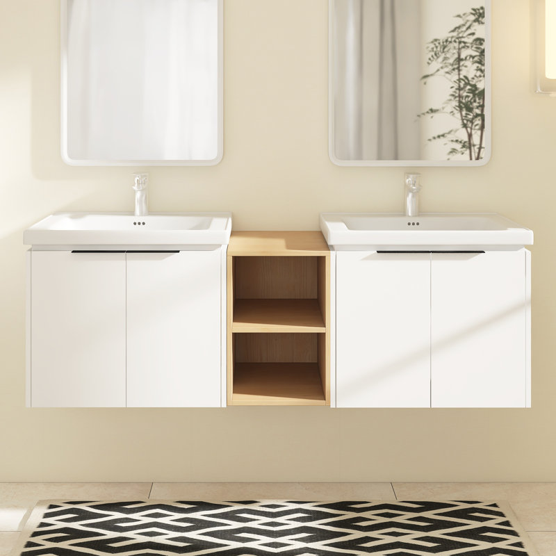 Meuble-lavabo double 58,46 po avec plateau en céramique Ansharah