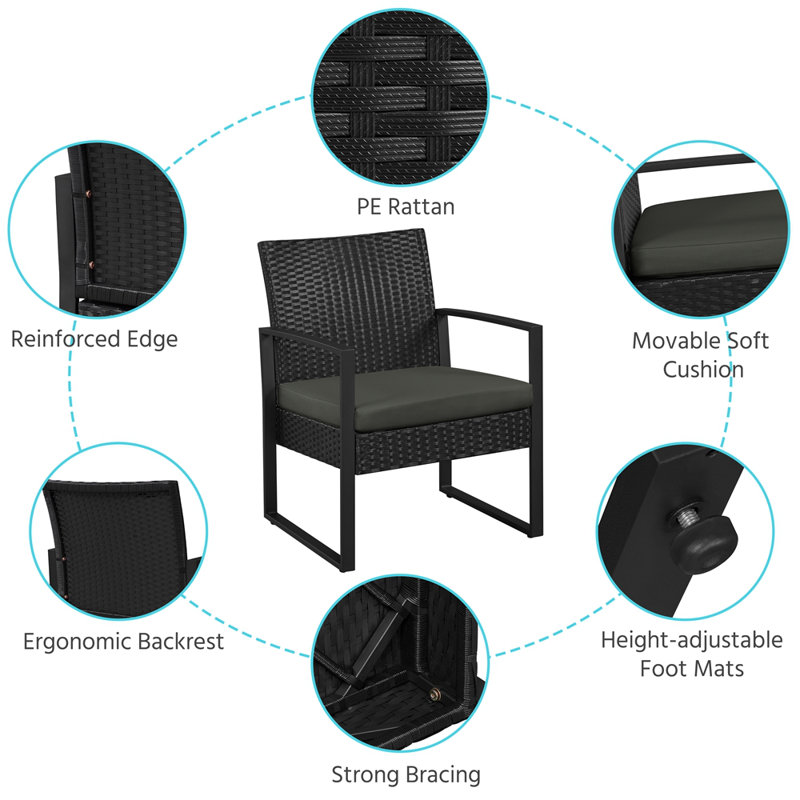 Bowmore 3-Piece Patio Furniture Set with Rattan Cushioned Chairs & Metal Table, Gray