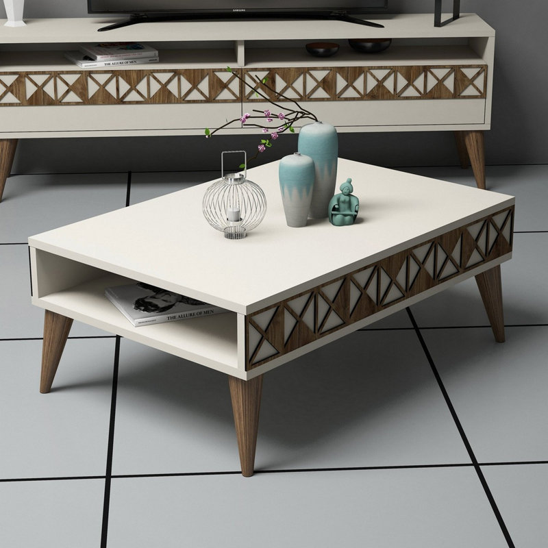 Modern Coffee Table, Cream, 35.4 x 13.6 x 23.6 inches | 100% Melamine Coated Particle Board, Thickness: 0.7 inches | Stylish Geometric Design, Perfect for Living Room & Contemporary Spaces