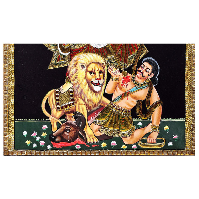 Mahishasura-Mardini Ten-Armed Durga Tanjore | Traditional Colours With 24K Gold | Teakwood Frame