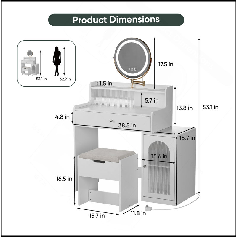 Bureau de coiffeuse blanc avec miroir pivotant à 360 ° et lumières réglables, coiffeuse de maquillage avec fauteuil de rangement et armoire d'appoint avec portes en verre Waveform, coiffeuse avec tiroir pour chambre à coucher