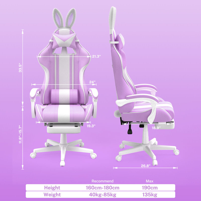 Soontrans Gaming Chair with Footrest High Back Ergonomic Office Gamer Chair with Massage and Headrest Lumbar Support Swivel Computer Game Chair Cute Bunny Ears for Adults, Purple