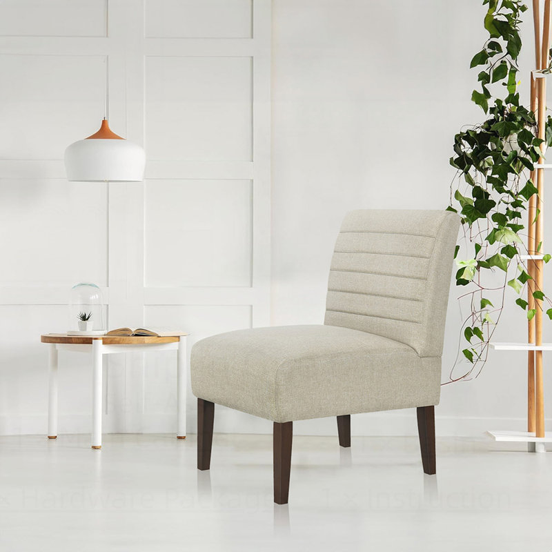 Chaise d'appoint moderne, fauteuil sans accoudoirs avec revêtement capitonné et pieds en bois, décoration confortable pour le salon et la chambre à coucher