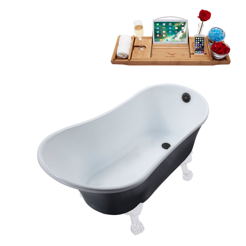 63" Streamline Clawfoot Soaking Acrylic Bathtub With Drain, Clawfeet, and Bamboo Tray, Glossy White, Brushed Gun Metal