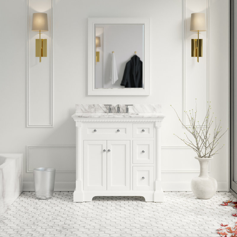 Fossen 36'' Single Bathroom Vanity with Top, White, Carrara Marble