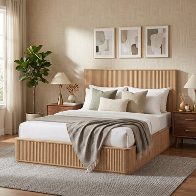 Lit plateforme à motif ondulé en chêne naturel avec tête de lit haute de 44 pouces, minimaliste moderne, aucun sommier tapissier requis, assemblage facile