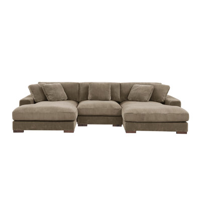 Double Chaise Sectional With Large Seating, Corduroy Material, 3 Seats, Camel Color, Toss Pillows For Added Coziness, Adjustable Support, Easy Assembly Method - Shaded, Comfort Motivated, Included,