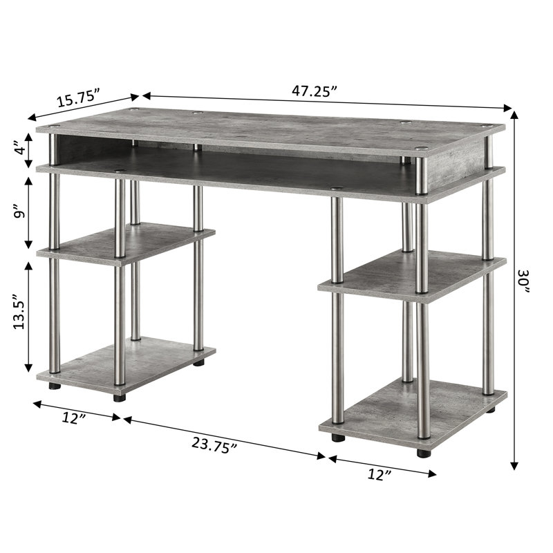 Edwin No Tools Writing Desk with Shelves, Faux Birch/Silver Poles