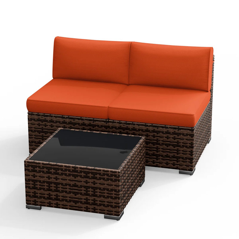 Ensemble de conversation extérieur sans accoudoirs pour 2 personnes avec chaise basse, Orange