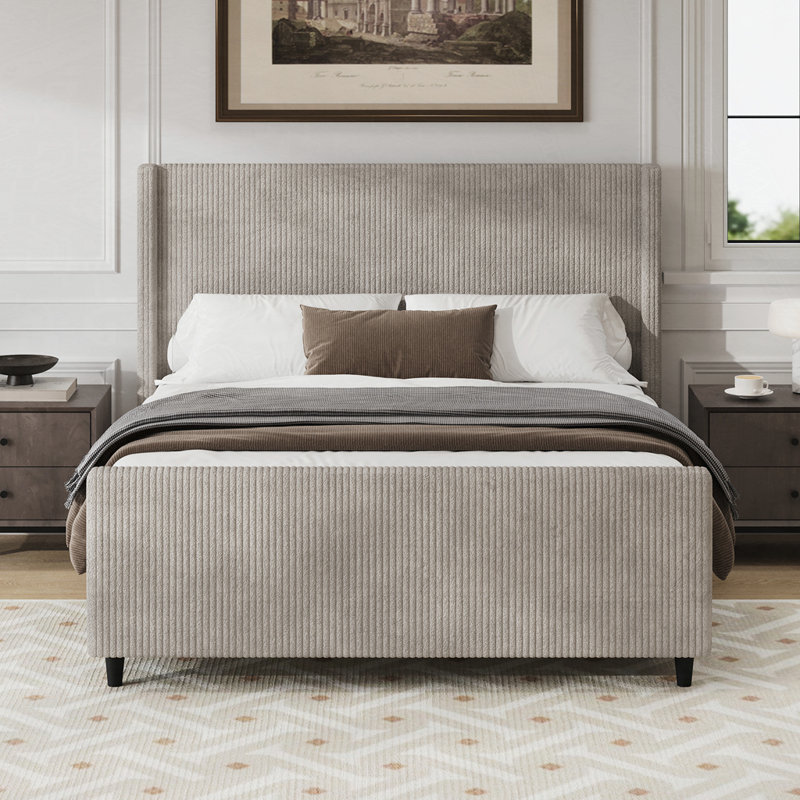 High Headboard Corduroy Upholstered Bed Frame with Vertical Stripe Wingback and High Footboard No Box Spring Needed, Taupe