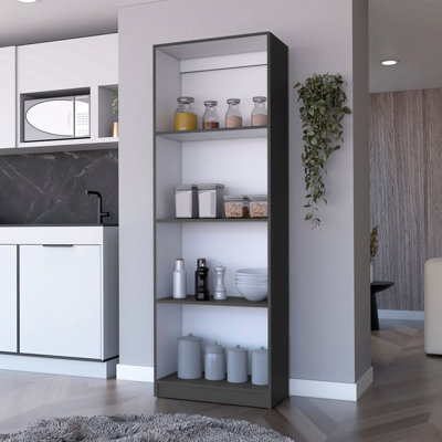 Bibliothèque de rangement grise et blanche à niveaux avec 4 tablettes - rangement spacieux, alliant modernité classique et style maison