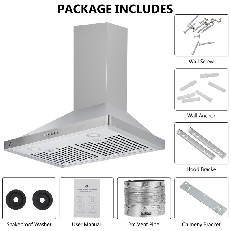 Hotte murale à fixation murale 30 pouces avec 400 pi³ / min, hotte de cuisine sans conduit / sans conduit en acier inoxydable avec ventilateur à 3 vitesses à contrôle tactile, cheminée réglable et lumière DEL, filtre permanent, argent