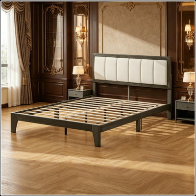 Full Upholstered Platform Bed with Linen-Look Headboard