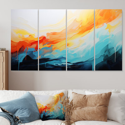 «Blue and Orange Colorful Abstract Waves I», ensemble de 4 peintures murales abstraites