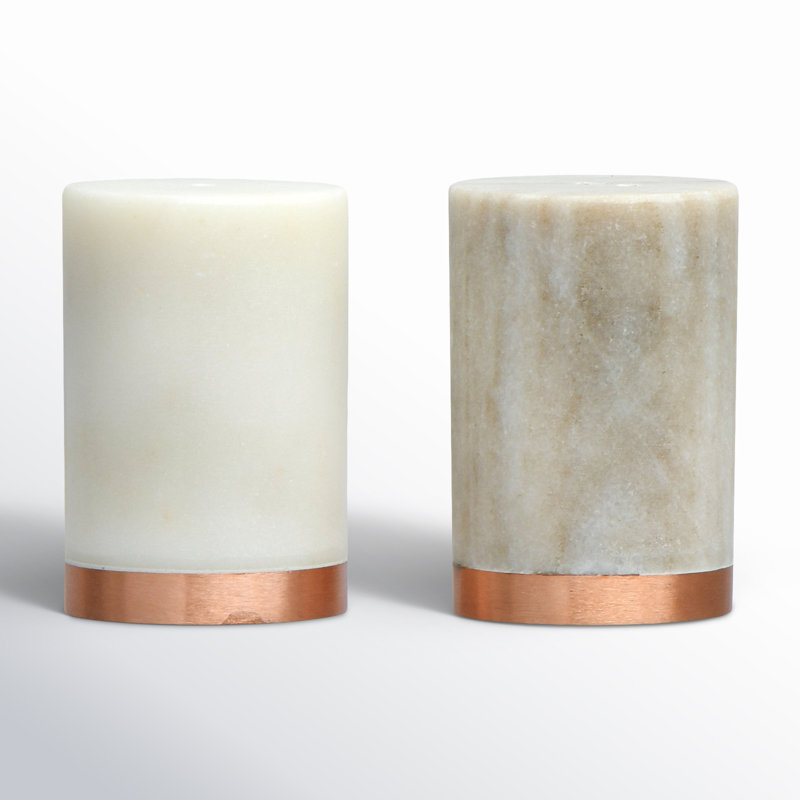 White and Beige Marble Salt and Pepper Shaker Set with Copper Base