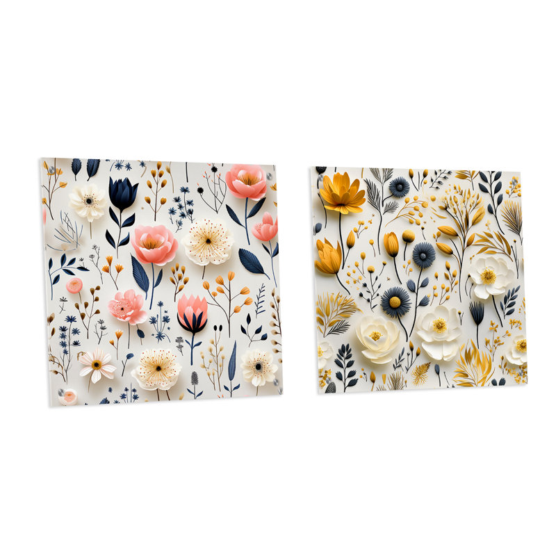 Blanches nordiques blanches et roses Serenity - ensemble d'art mural en acrylique sur verre floral, H 36 po x l 73 po