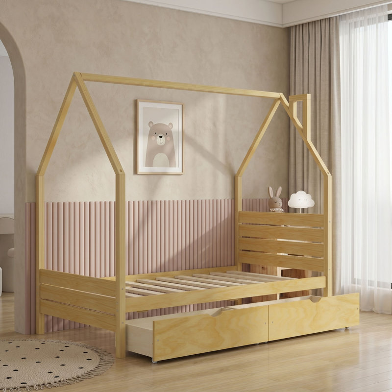 Lit en bois en forme de maison avec tiroirs de rangement et tête de lit, Twin, Natural