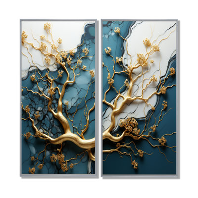 Or et émeraude antique Bonsai I - art floral en marbre arbre mural