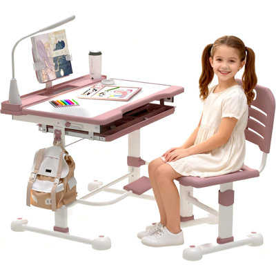 Desk And Chair Set For Kids Height Adjustable Drawing Desk Functional Study Table With 55° Tilt Desktop, Writing Board, Pen Slot, 3 Mode Led Light, St