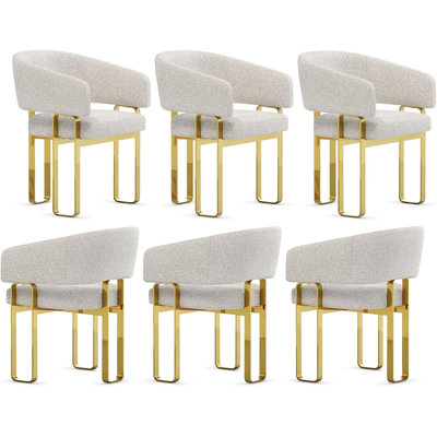 White Boucle Upholstered Barrel Dining Room Chairs Armchair With Polished Gols Legs