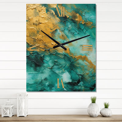 Golden Turquoise Waves Breaking Abstract V - Abstract Shapes Very Large Wall Clocks