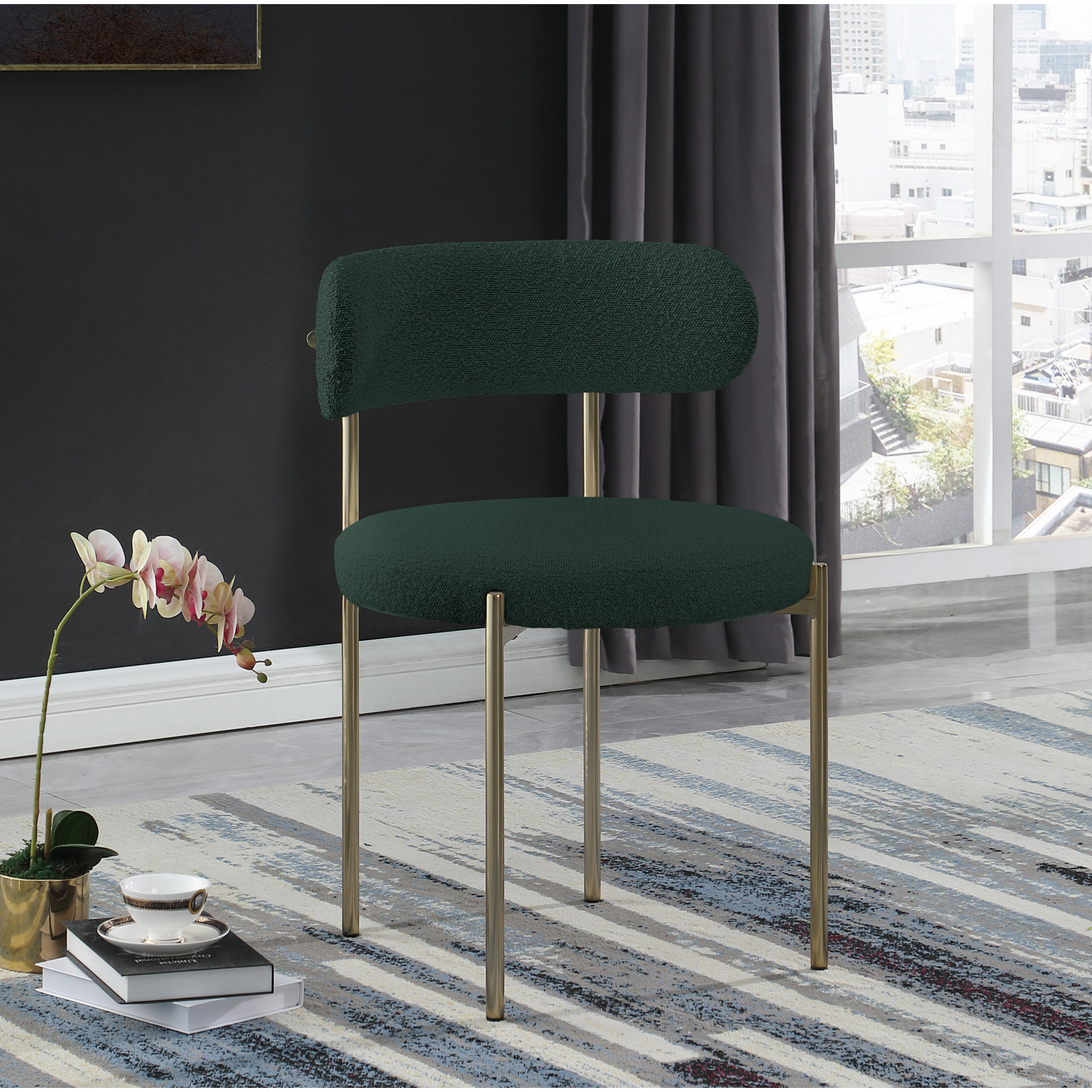 Sherwood Dining Chair, Green Boucle, Brushed Brass