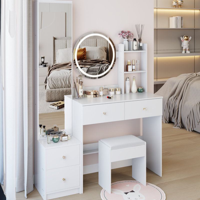 17" Diameter 3 - Color Brightness Mutable Led Vanity Table, Full Body Mirror Cabinet And Cushioned Stool, American Style White Dressing Option Design Ensemble: Variable Mirror, Stool With Ample