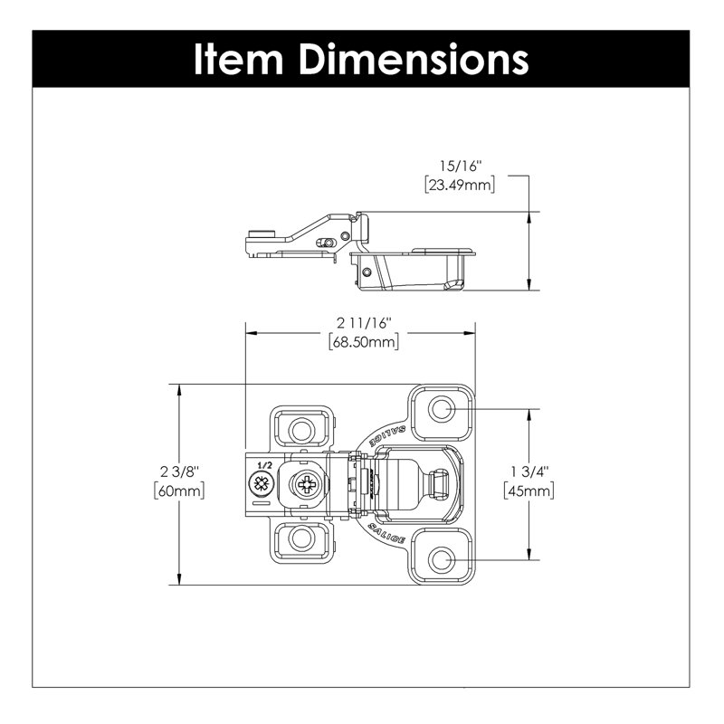 Charnières à fermeture automatique dissimulées 1/2 po avec cadre frontal à fermeture automatique - Charnières de porte d'armoire