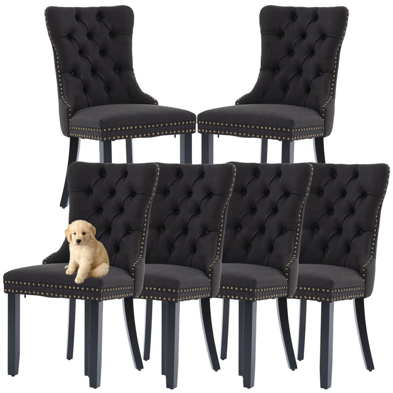 Chaises de salle à manger capitonnées en lin massif (ensemble de 6), Noir, Noir
